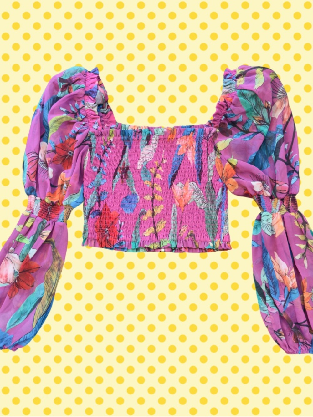 PatBO Pink Floral Smocked Crop Top with Balloon Sleeves